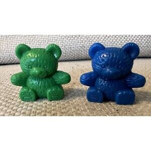 2 Small 1.5” Plastic Teddy Bears Toy Figures - Blue & Green